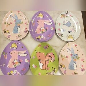 Set Of 6 Egg Shaped Melamie Easter Design Plates